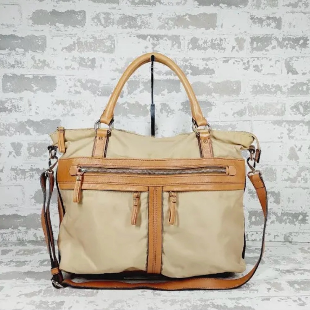 Banana Republic Stylish Tan and Brown Leather Tote Bag.